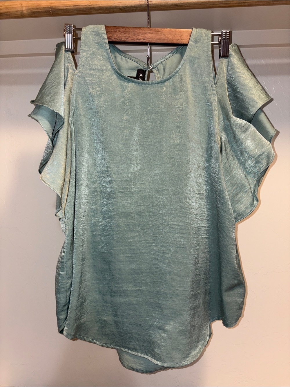 Amy Byer Sage Green Satin Cold-Shoulder Ruffle Blouse